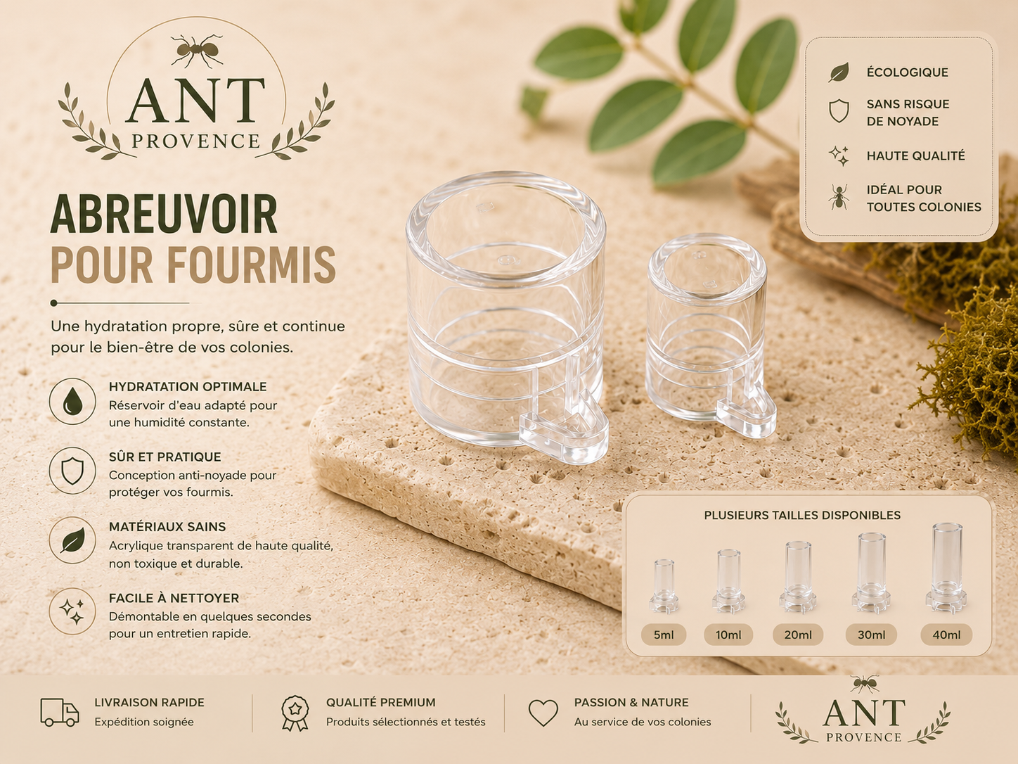 Abreuvoir Premium pour Fourmis – Réserve d'Eau 5 à 40 ml